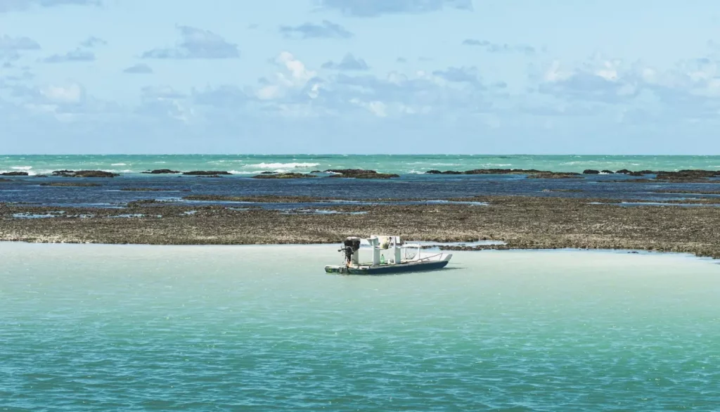 Vista aérea das piscinas naturais de Maragogi com águas cristalinas e recifes de corais, um dos principais pontos turísticos do Caribe Brasileiro.