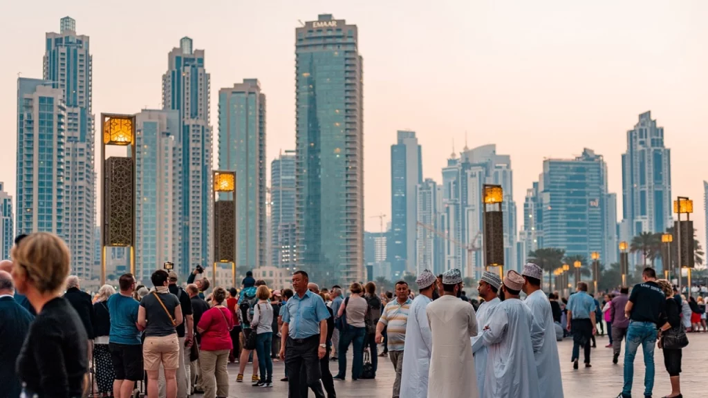 Uma multidão de turistas e locais em trajes tradicionais árabes andando pelas ruas de Dubai ao entardecer, com arranha-céus modernos ao fundo.