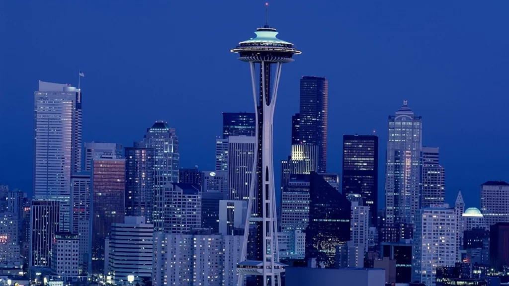 O Space Needle, em Seattle, destaca-se entre os arranha-céus sob um céu noturno, com as luzes da cidade brilhando ao fundo.