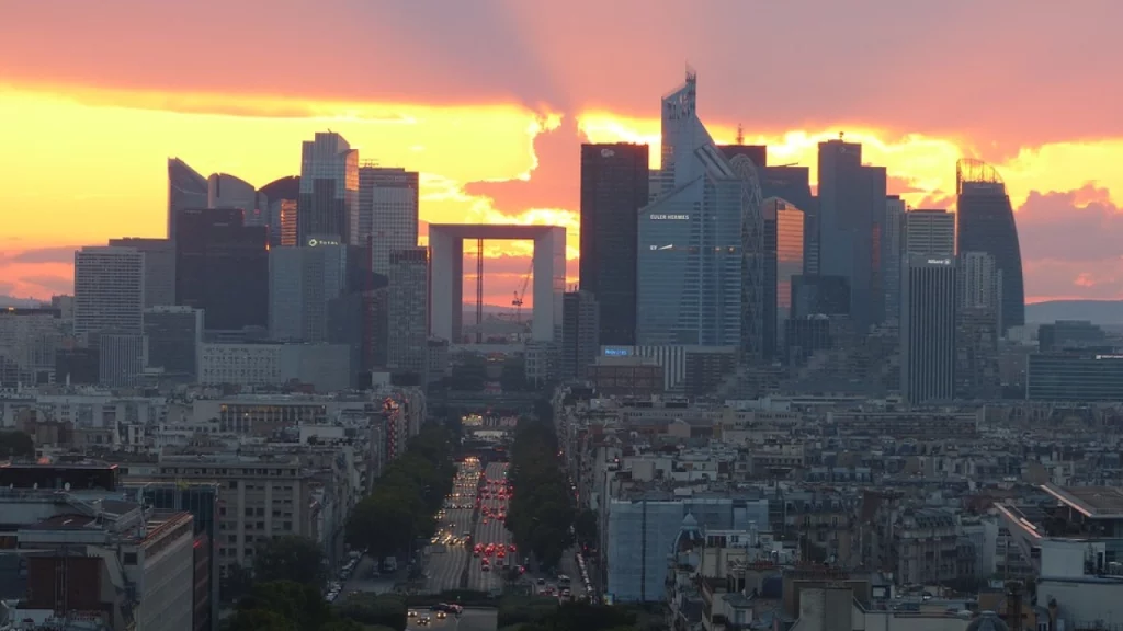 Vista do distrito financeiro de La Défense, Paris, ao pôr do sol, com modernos arranha-céus e a icônica Grande Arche destacando-se contra o céu alaranjado.