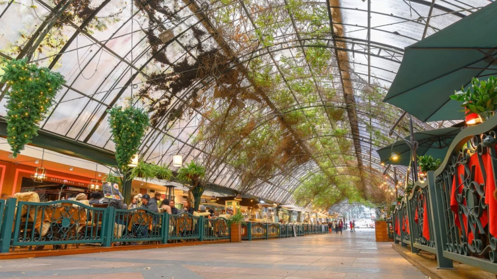 Interior da Rua Coberta em Gramado, RS, mostrando restaurantes decorados com plantas pendentes e luzes, com visitantes desfrutando do ambiente acolhedor. A cobertura translúcida cria uma atmosfera charmosa e aconchegante.