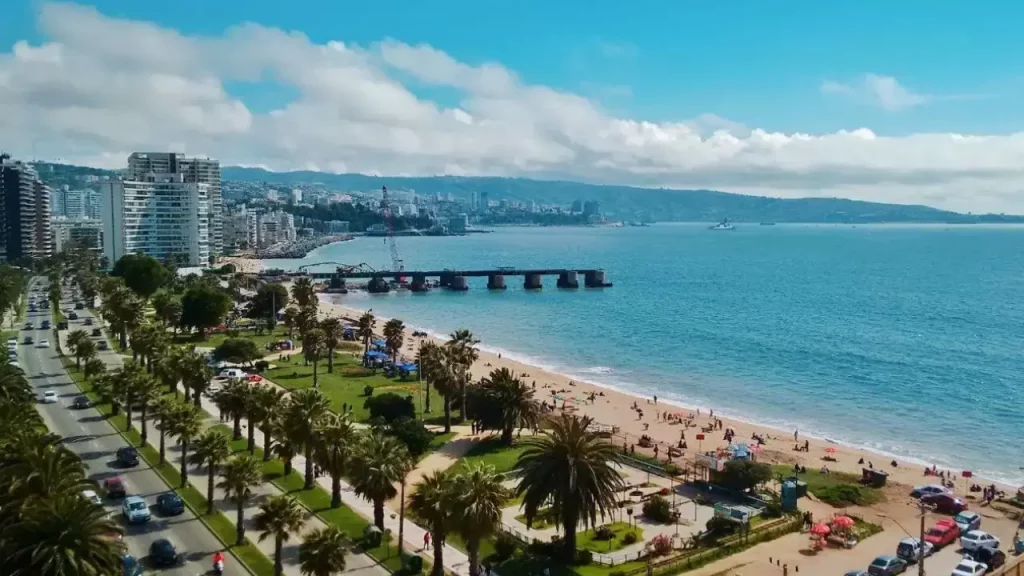 Vista panorâmica da orla de Viña del Mar, no Chile, com praia, palmeiras, calçadão e prédios ao fundo em um dia ensolarado.