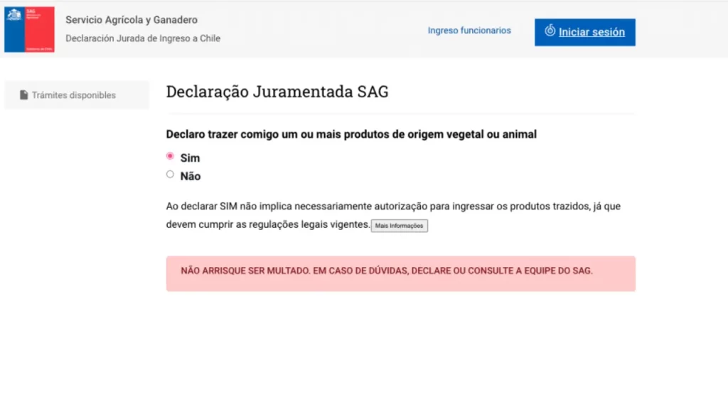 Página oficial da Declaração Juramentada SAG exigida na entrada do Chile, sobre produtos de origem animal ou vegetal.