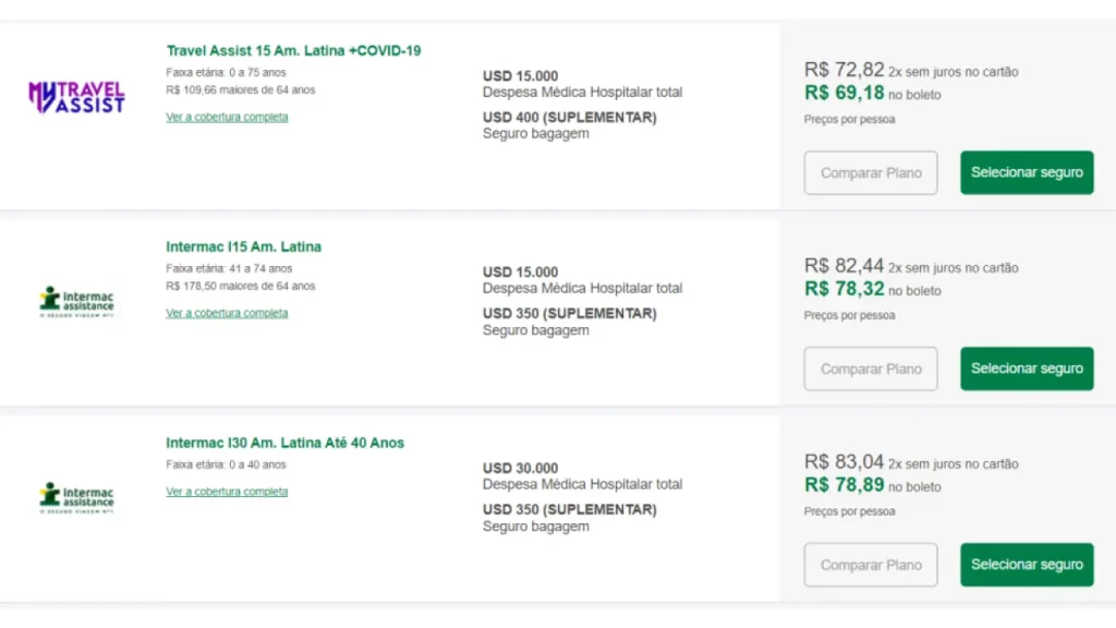 Tabela comparativa com planos e preços de seguro viagem para a América Latina, recomendados para quem vai ao Chile.