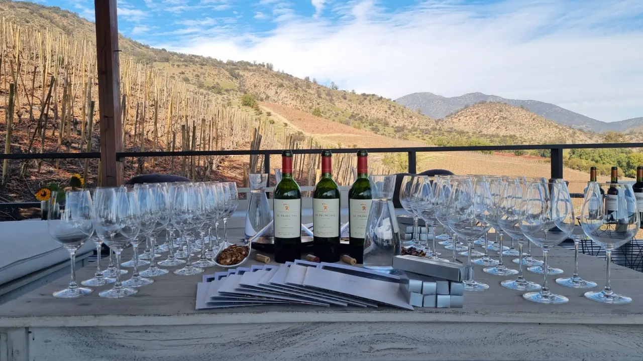 Mesa de degustação na vinícola El Principal, no Chile, com taças de vinho alinhadas e vista para os vinhedos no Valle del Maipo.