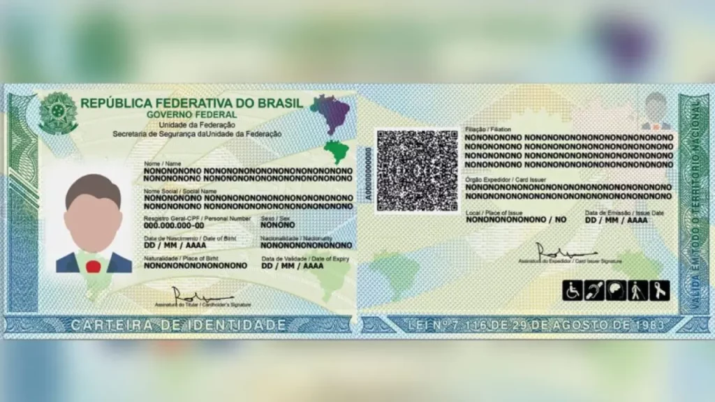Novo modelo da carteira de identidade nacional do Brasil com design moderno, QR Code e informações bilíngues.