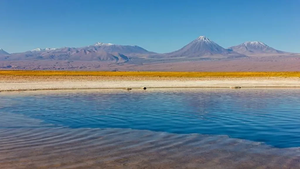 Turistas flutuando nas águas salgadas de um dos lagos do deserto do Atacama, uma experiência única na região.