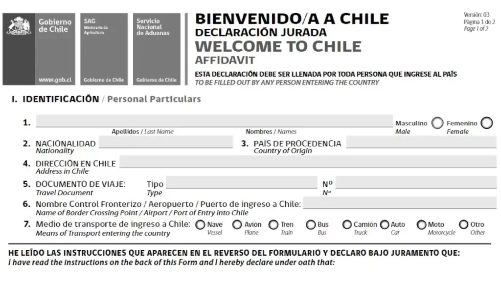 Formulário do SAG exigido na entrada do Chile, onde o viajante declara produtos de origem vegetal ou animal transportados na bagagem.