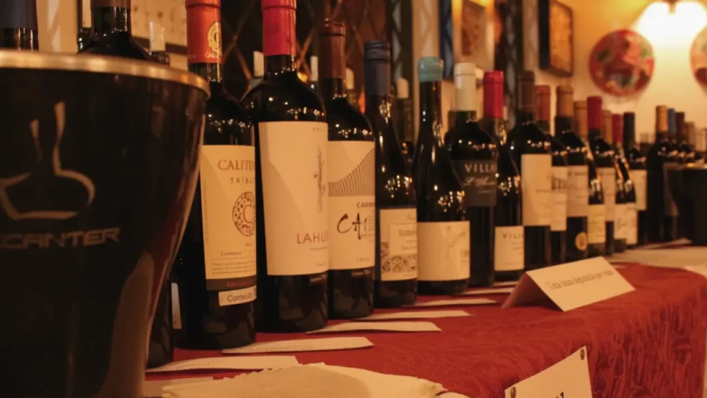 Mesa com diversas garrafas de vinho chileno organizadas para degustação, com placas indicando os rótulos e país de origem.