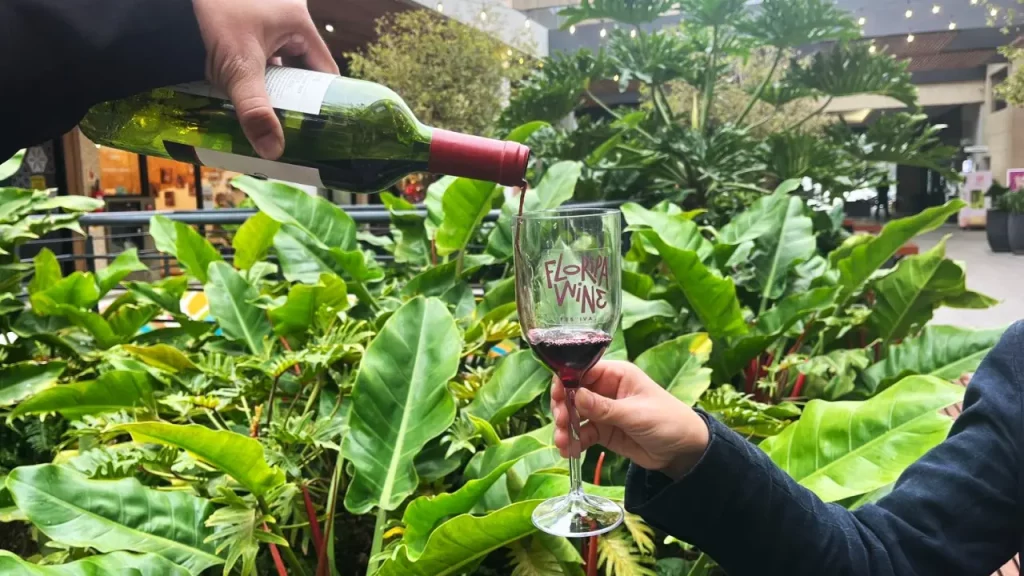 Vinho tinto sendo servido em uma taça com o logo 'Floripa Wine Festival', em ambiente externo com plantas e luzes ao fundo.