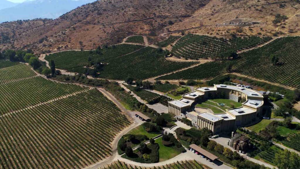 Vinícola Haras de Pirque vista de cima, com plantações organizadas e colinas ao fundo no Valle del Maipo, Chile.